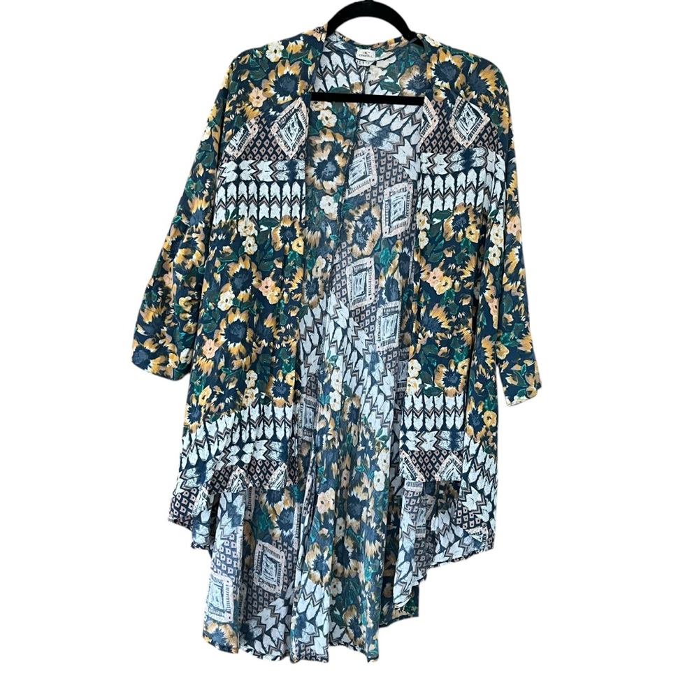 O’Neill Womens XS/S Orion Blue Teal Floral Print Flyaway Kimono Mallory Cardigan